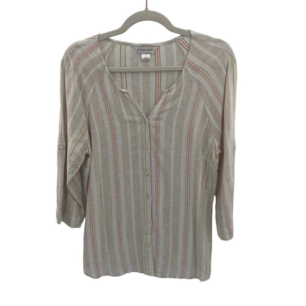 Christopher & Banks Button Front Shirt Womens Small White Embroidered Linen